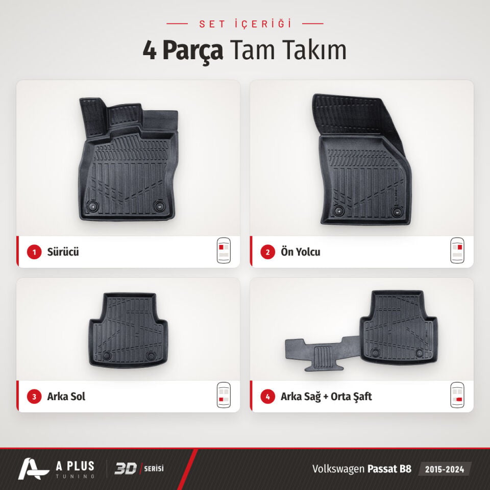 VW Passat B8 Eu 3D Havuzlu Paspas 2015-2024